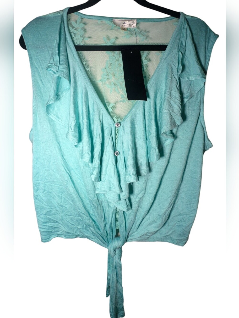 Iris Basic NWT Plus Size 3X Aqua Lace Back Tie Front Ruffle Top